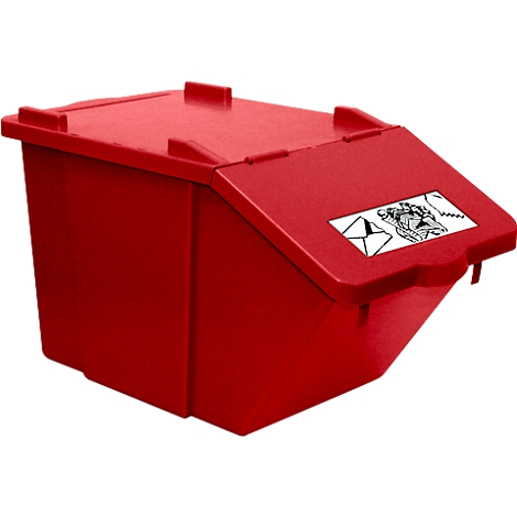 Red plastic waste container with lid and sticker. Pictograms can be seen on the sticker.