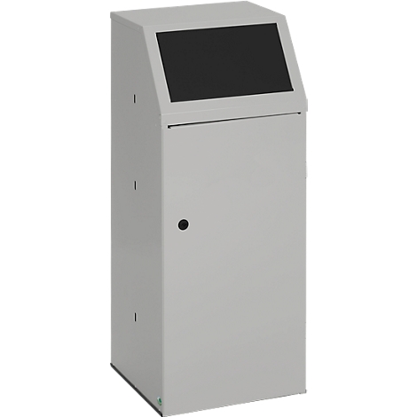 Gray, freestanding information kiosk with a black screen. The screen is slightly tilted. A door with a round handle is visible.