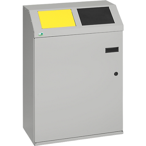 Grey waste bin with yellow and black openings. A small green logo is on the top.