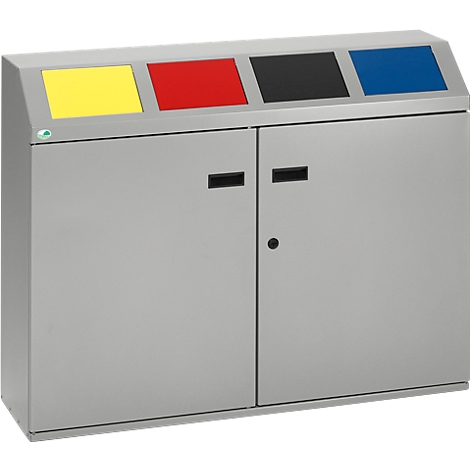 Gray recycling bin with four colored input openings: yellow, red, black, blue. The doors have black handles.