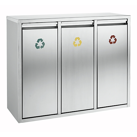 Stainless steel recycling bin with three compartments, recycling symbols in green, yellow and brown.