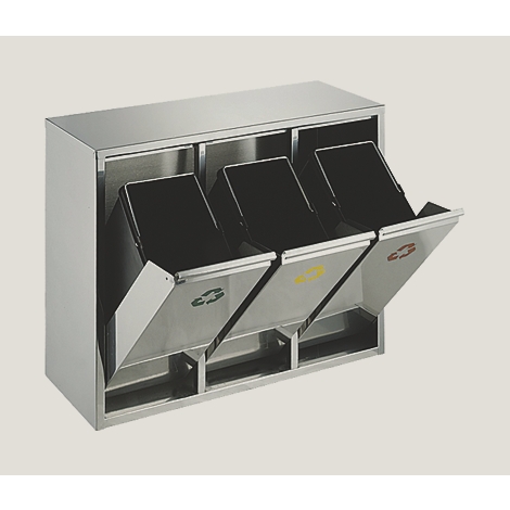 Stainless steel waste separation system with three compartments, opened. Each compartment has a recycling symbol in green, yellow and red.