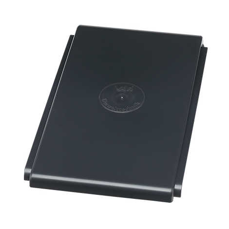 Dark rectangular cover with embossed logo.