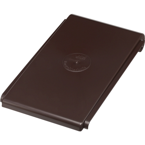 Brown, rectangular cover with rounded edges. A circular logo is visible in the center.