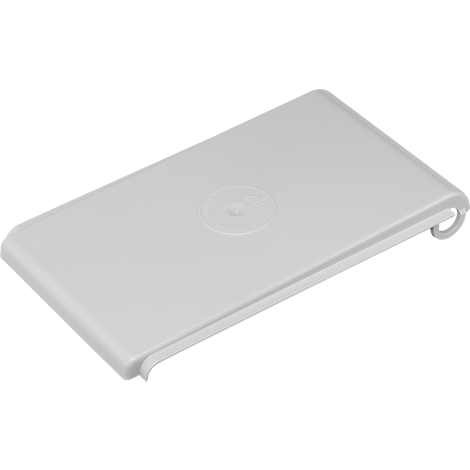 Gray plastic cover with rounded corners and a raised circle in the middle. A hook protrudes.