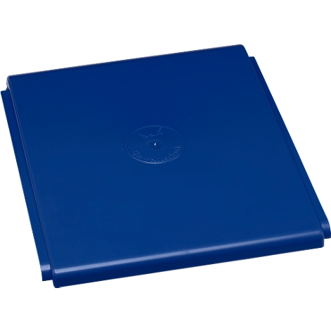 Blue, square lid with rounded edges and a small, round logo in the center.