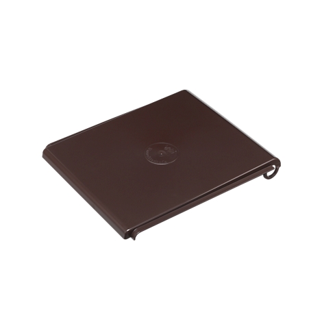 Brown, rectangular cover, slightly angled, with a round detail in the middle. A hook is visible on the side.