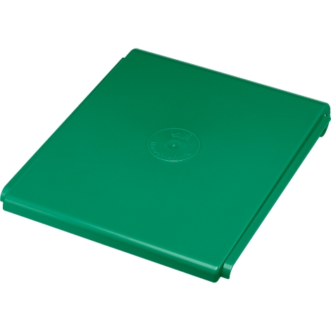A rectangular, green plastic cover with rounded corners. There is a raised, circular pattern in the middle.