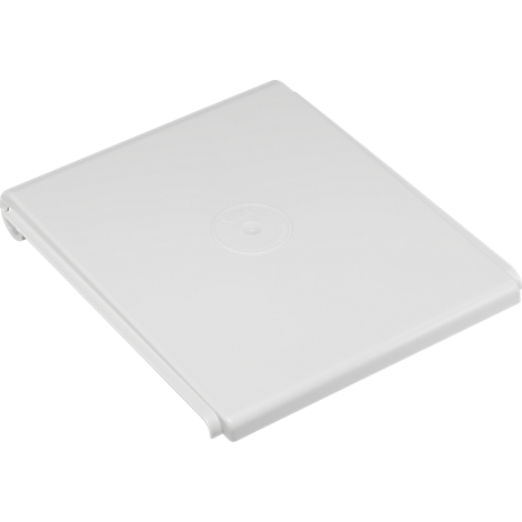A rectangular, white plastic cover with slightly rounded edges. A logo is subtly embossed.