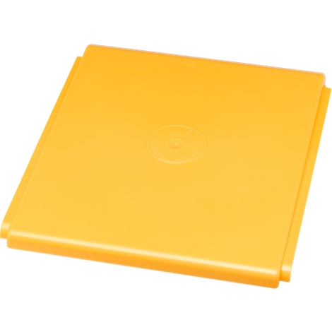 Yellow, square bowl with raised edge. A logo is embossed in the center.