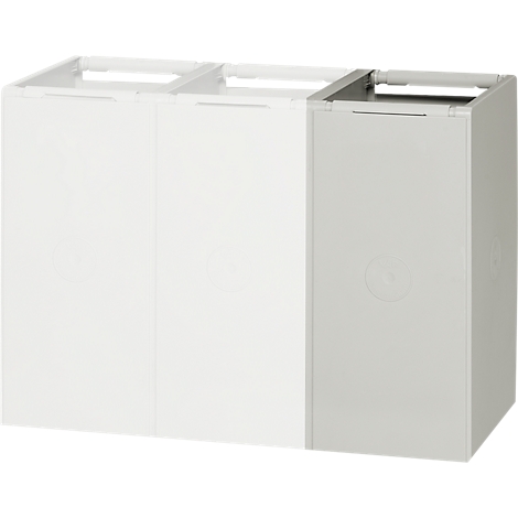 Triple trash bin, white and gray. Two handles at the top. Round details are visible on the sides.