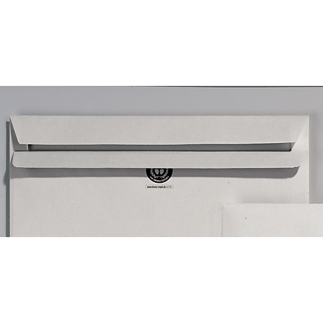 Close-up of a white envelope with the flap open, logo at the bottom.