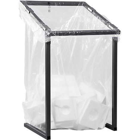 Black metal frame with plastic bag filled with white styrofoam shapes. The bag is held by the frame.