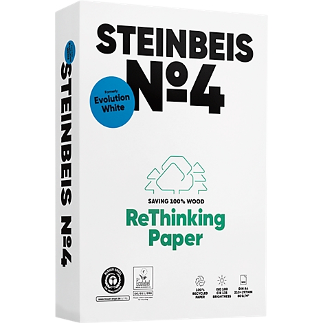 Papierpackung 'STEINBEIS N°4'. Auf weißem Hintergrund stehen schwarze Schriftzüge und ein grüner Text. Links steht der Markenname, rechts die Nummer.