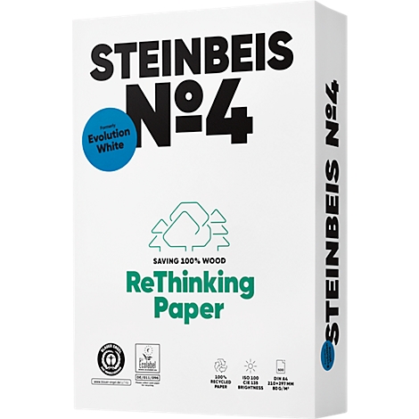 Weiße Papierpackung mit großem Schriftzug "STEINBEIS Nº4". Darunter: "ReThinking Paper". Aufschrift: 100% Recyclingpapier.