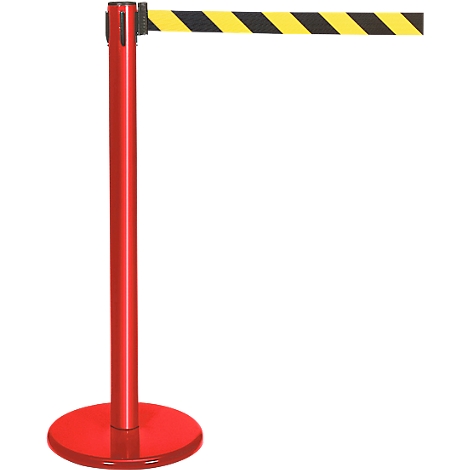 Red stanchion with yellow and black striped retractable belt.