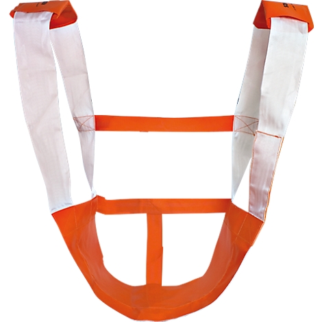 Een tilhulp bestaande uit witte en oranje textielbanden. Het heeft een U-vorm.