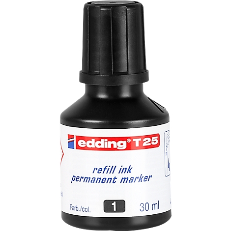 Black ink bottle with red "edding T25" logo, below "refill ink permanent marker", indicating 30 ml.