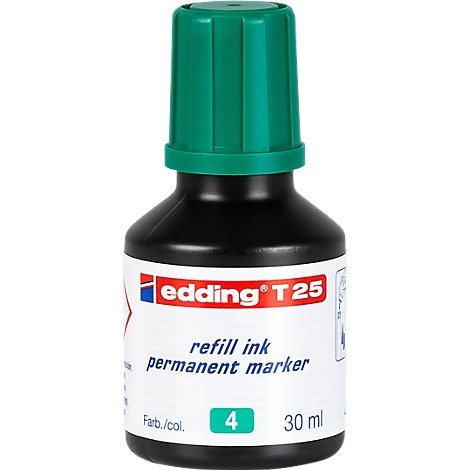 An ink bottle with a green cap, labeled "edding T25." Below reads "refill ink permanent marker" and the number 4.