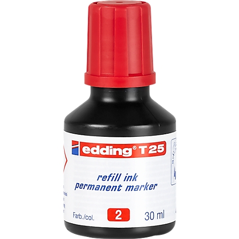 Black ink bottle with red cap. Inscription: Edding T25, refill ink, permanent marker. Color number 2, 30 ml.