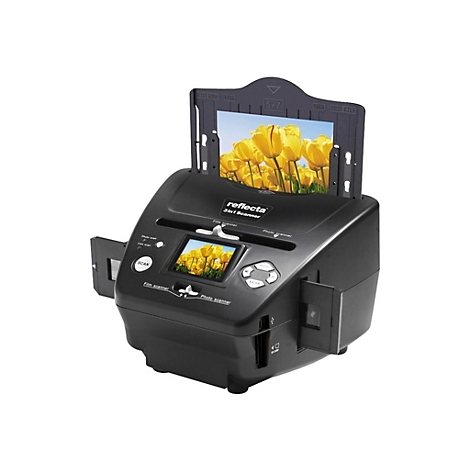 Schwarzer Reflecta 3in1-Scanner mit eingelegtem Foto von gelben Tulpen auf weißem Hintergrund.