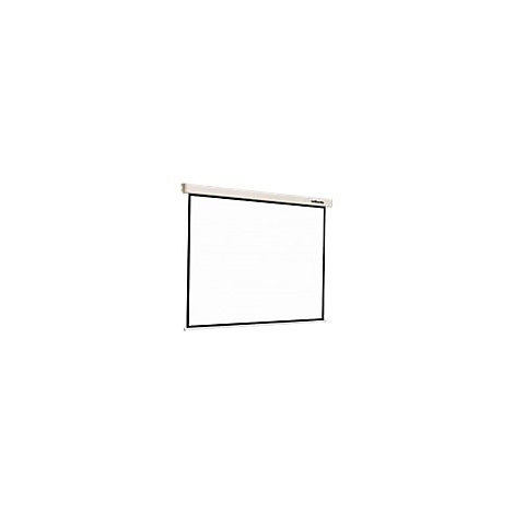 Eine weiÃŸe Leinwand, die an der Decke montiert ist, vor einem weiÃŸen Hintergrund.