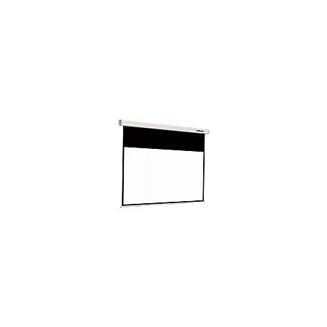 Eine weiße Projektionsleinwand mit schwarzem Rand und Vorlauf in einem hellen Gehäuse vor weißem Hintergrund.