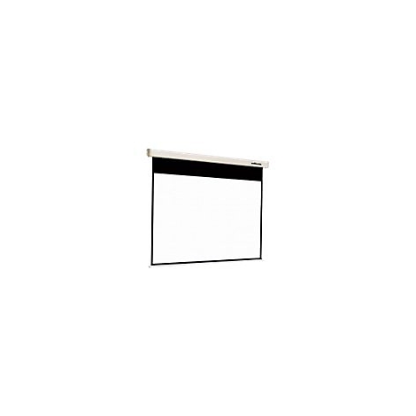Eine weiße Projektionsleinwand mit schwarzem Rand und Gehäuse vor weißem Hintergrund.