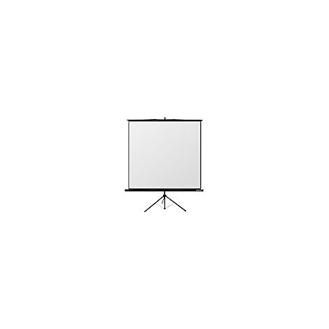 Projektionsleinwand auf Dreibeinstativ. Die Leinwand ist weiss, der Rahmen und das Stativ sind schwarz.
