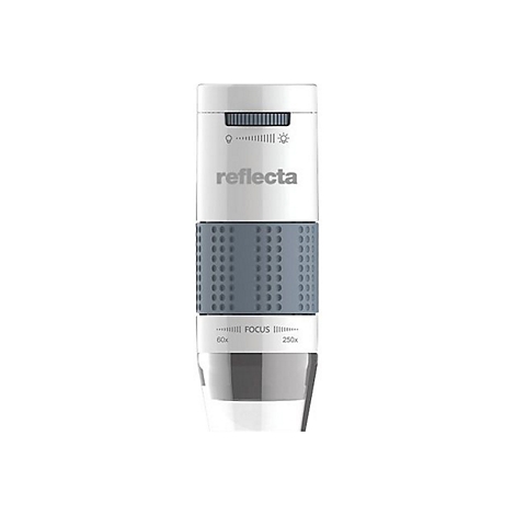 Digitales Mikroskop von reflecta in Weiß und Grau, zylindrisches Design mit Einstellrädern für Helligkeit und Fokus.