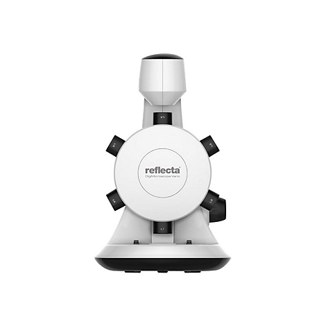 Reflecta DigiMicroscope Vario in Weiß mit sechs Objektiven an einem runden Revolver vor neutralem Hintergrund.