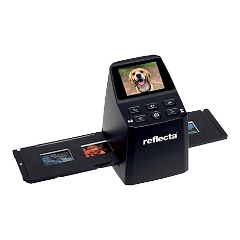 Schwarzer Reflecta Diascanner mit Display, auf dem ein Beagle-Hund zu sehen ist, und eingelegtem Dia-Halter.