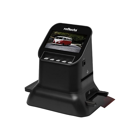 Schwarzer Reflecta Filmscanner mit Display zeigt einen roten VW-Bus vor weißem Hintergrund.