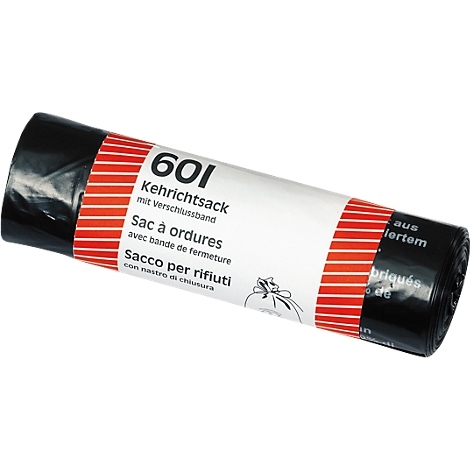 Rolled black trash bag with white labeling: 60l trash bag with closure band.