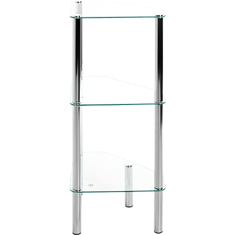 Eckregal aus Glas und Chrom, dreistöckig.