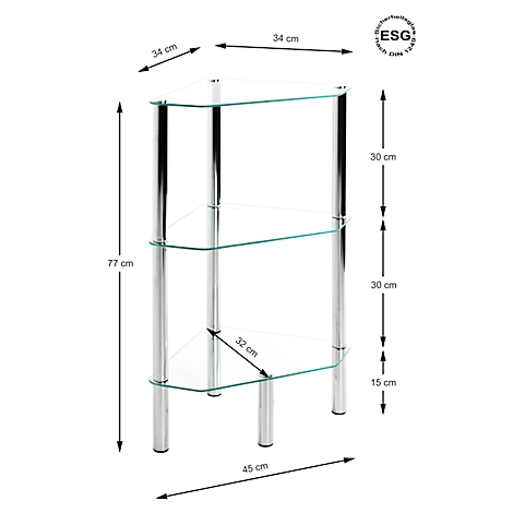 Dreieckiges Regal mit drei Glasböden, Chromgestell, Bemaßung. Maße: 77 cm hoch, 45 cm breit, 34 cm tief. ESG-Zertifizierung.