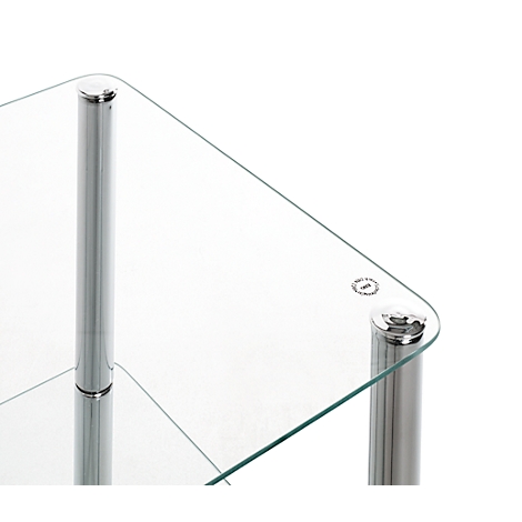 Detailaufnahme eines modernen Glastisches. Auf dem transparenten Glas befinden sich Metallfüße, die ein sauberes Design aufweisen.