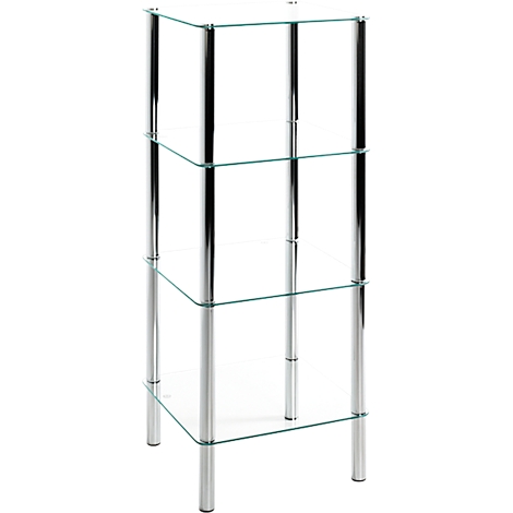 Glasregal mit drei Glasböden und Metallstützen. Quadratische Form, neutraler Hintergrund.