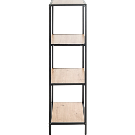 Schwarzes Metallregal mit vier hellen Holzregalen. Die Struktur ist minimalistisch und offen gestaltet.