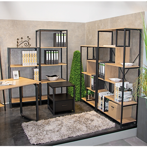 Büro-Szene mit Regalen, Schreibtisch, schwarzem Tisch, grauem Teppich und Pflanzen. Die Regale sind mit Aktenordnern und Deko gefüllt.