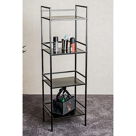 Schwarzes Metallregal mit vier Ablageflächen. Auf den Regalen stehen Pflegeprodukte und eine kleine Tasche.