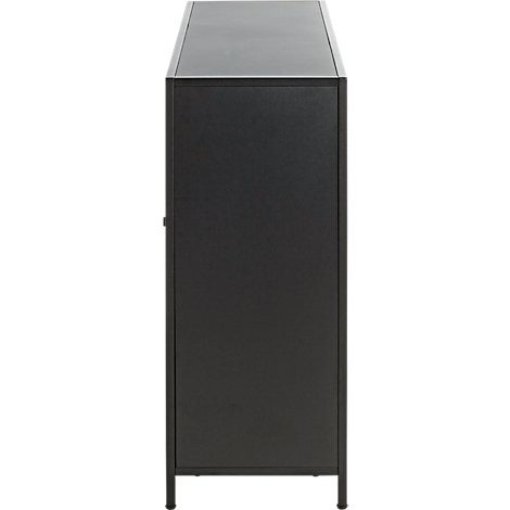 Schwarzer Schrank, Seitenansicht, minimalistisches Design.
