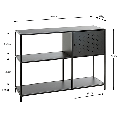 Schwarzes Regal mit Regalböden und Schranktür mit Lochmuster. Abmessungen: 100x30x75cm.