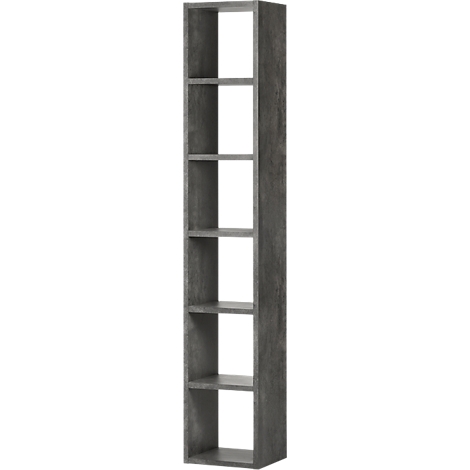 Graues Bücherregal mit offenen Fächern. Das Regal hat eine rechteckige Form und ist in sechs Fächer unterteilt.