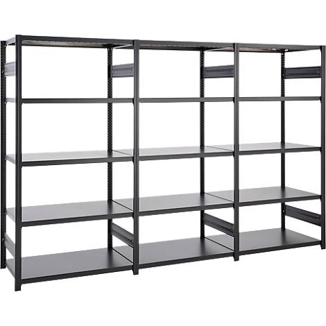 Schwarzes, freistehendes Regalsystem mit mehreren Ebenen. Es ist aus Metall gefertigt und hat eine rechteckige Form.