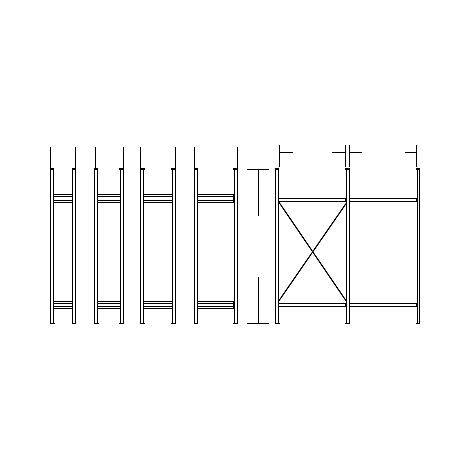 Strichzeichnungen einer Gerüstkonstruktion mit Maßen. Eine diagonale Verstrebung stabilisiert das Gerüst.