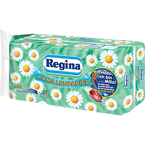 Packung Taschentücher mit Gänseblümchenmuster. Aufdruck: "Regina Kamillenpapier". Werbung für "Milla".