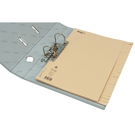 Hellblauer Ordner mit losem, beigefarbenem Papier und Metallringen. Das Papier ist mit einem Recycling-Symbol versehen.