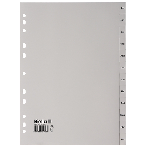 Grauer Registerkartensatz mit Monatsnamen auf Französisch und dem Markennamen 'Biella'.
