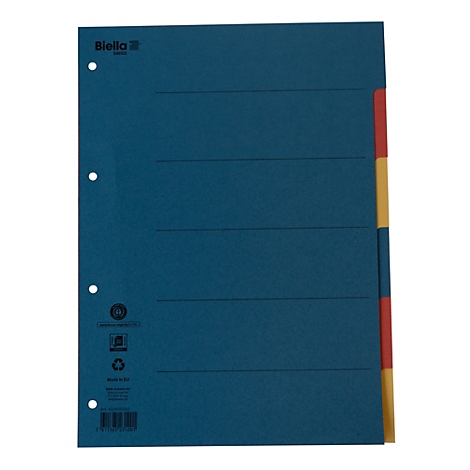 Blaues Dokument mit farbigen Registerkarten. Auf dem Dokument sind horizontale Linien und das Logo „Biella“ zu sehen.